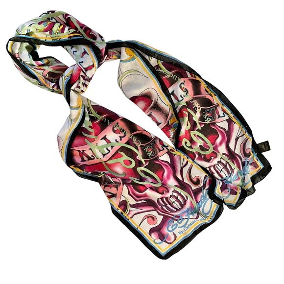 Ed Hardy x Christian Audigier Love Kills Slowly Long Scarf Y2K Skulls Hearts - Picture 7 of 8